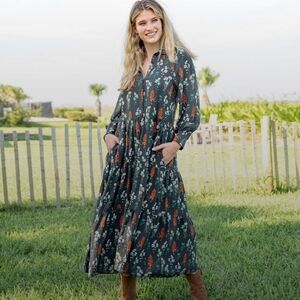 Natural Life Bohemian Long Sleeve Floral Maxi dress - grey, coral, teal
